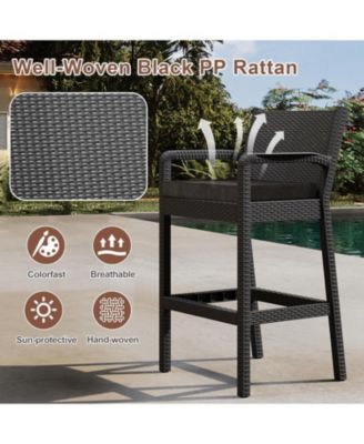 2 Pc. Wicker Outdoor Bar Stools with Cushions, 30-Inch Patio Bar Chairs for Garden, Balcony & Deck