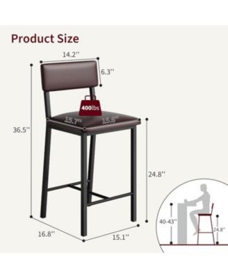 Bar Stools Set of 2, PU Leather Counter Height Stools with Backrest and Footrest