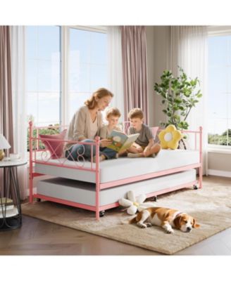 Daybed with Trundle, Twin Bed with Heart-Shaped Headboard, Sturdy Metal Frame with Slat Support, No Box Spring Needed