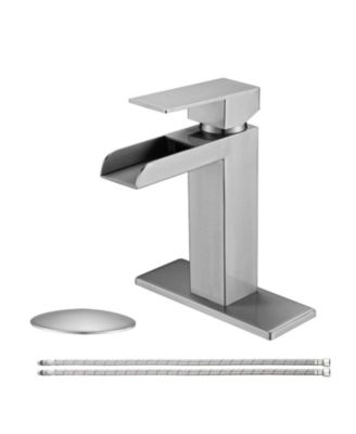 Brushed Nickel Waterfall Bathroom Faucet, Single Handle, 1/3 Hole with Deck Plate and Overflow Pop-Up Drain
