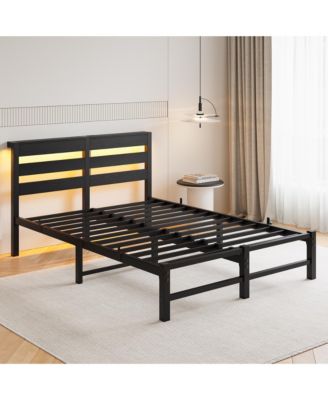 Full Size Metal Bed Wooden Headboard RGB Lights Charger Storage