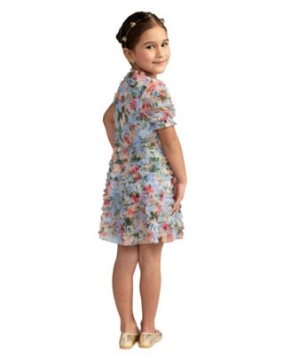 Girls Floral Mesh Tiered Ruffle Puff Sleeve Party Dress