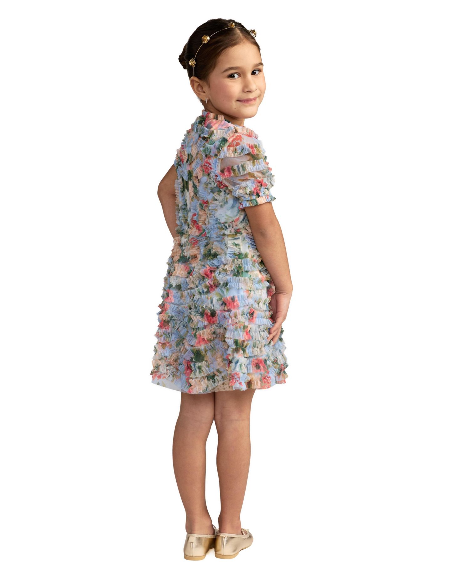 Платье Mac Duggal Floral Mesh Tiered Ruffle Puff Sleeve Party Dress для девочек, цвет: Синий разноцветный — фото 2