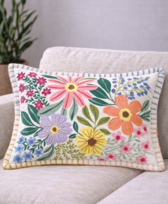 Backyard Garden Floral Embroidered Lumbar Decorative Pillow, 14" x 20"