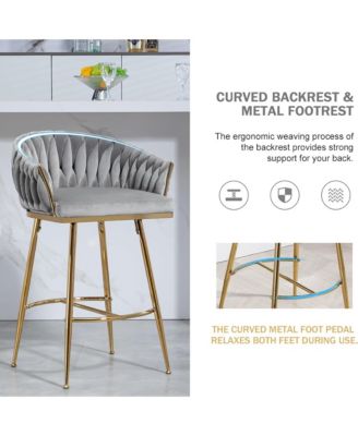 Velvet Bar Stools Set of 2 - Hand-Wave Back, Golden Chrome Base and Footrest, Counter Height Chairs for Kitchen Island, Home Pub