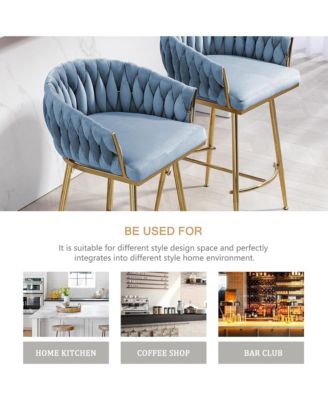 Velvet Bar Stools Set of 2 - Hand-Wave Back, Golden Chrome Base and Footrest, Counter Height Chairs for Kitchen Island, Home Pub