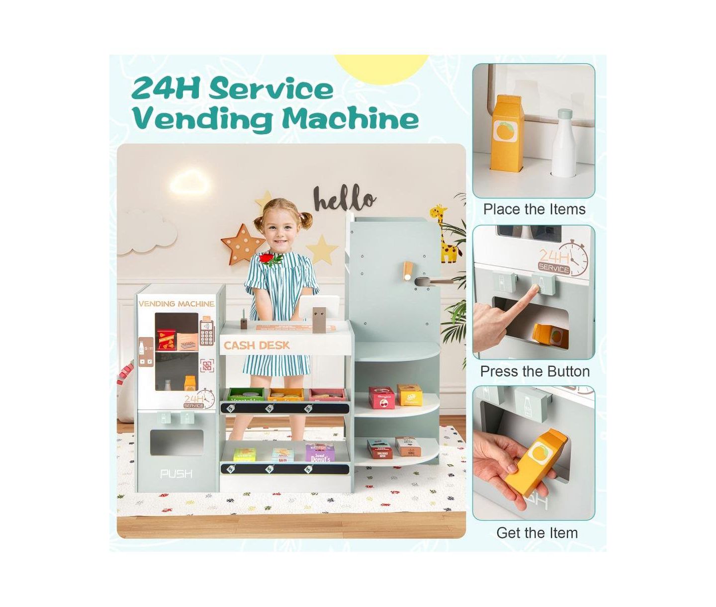Детский игровой набор HONGGE Grocery Store Interactive Vending Machine Wooden Playset, Ages 3+ — фото 6