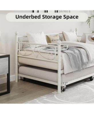 Twin Daybed with Trundle, Metal Trundle Bed, Sofa Bed Frame, Heavy Duty Metal Slats, for Living Room, Bedroom, Guest Room, Space Saving