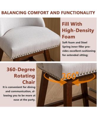 Swivel Bar Stools Set of 2, Modern Upholstered Counter Height Chairs with Wooden Legs and Nailhead Trim for Kitchen Island