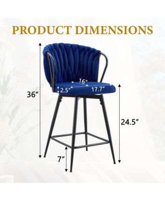Velvet Bar Stool Set of 2, Swivel Counter Height Chairs with Metal Frame and Woven Rope Backrest for Kitchen Island, Home Pub