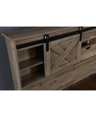  Farmhouse Bed Frame With LED Lights Charging Station 2 Storage Drawers
