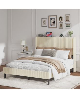 Metal Platform Bed Beige Charging Station 2 USB Ports Noise Free No Box Spring Needed