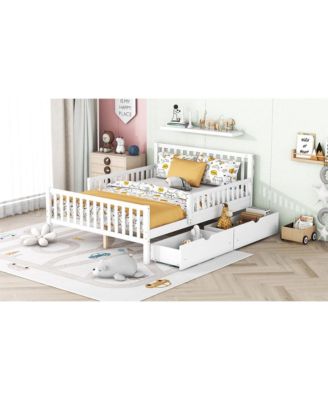  Wood Platform Bed with Dual Side Guardrails Two Storage Drawers and Slat Support