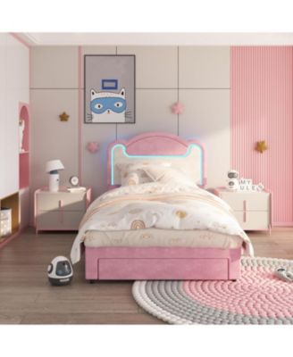 Twin Size Upholstered Bed Frame with LED Lights, Fabric Headboard, Princess Platform Bed, Wood Slats, No Box Spring, with Drawer
