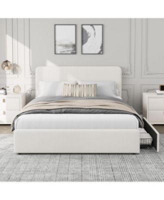 Queen Size Double Drawer Soft Bag Bed, Corduroy White Upholstered Bed with Storage, Soft and Comfortable Mattress, No Box Spring Needed