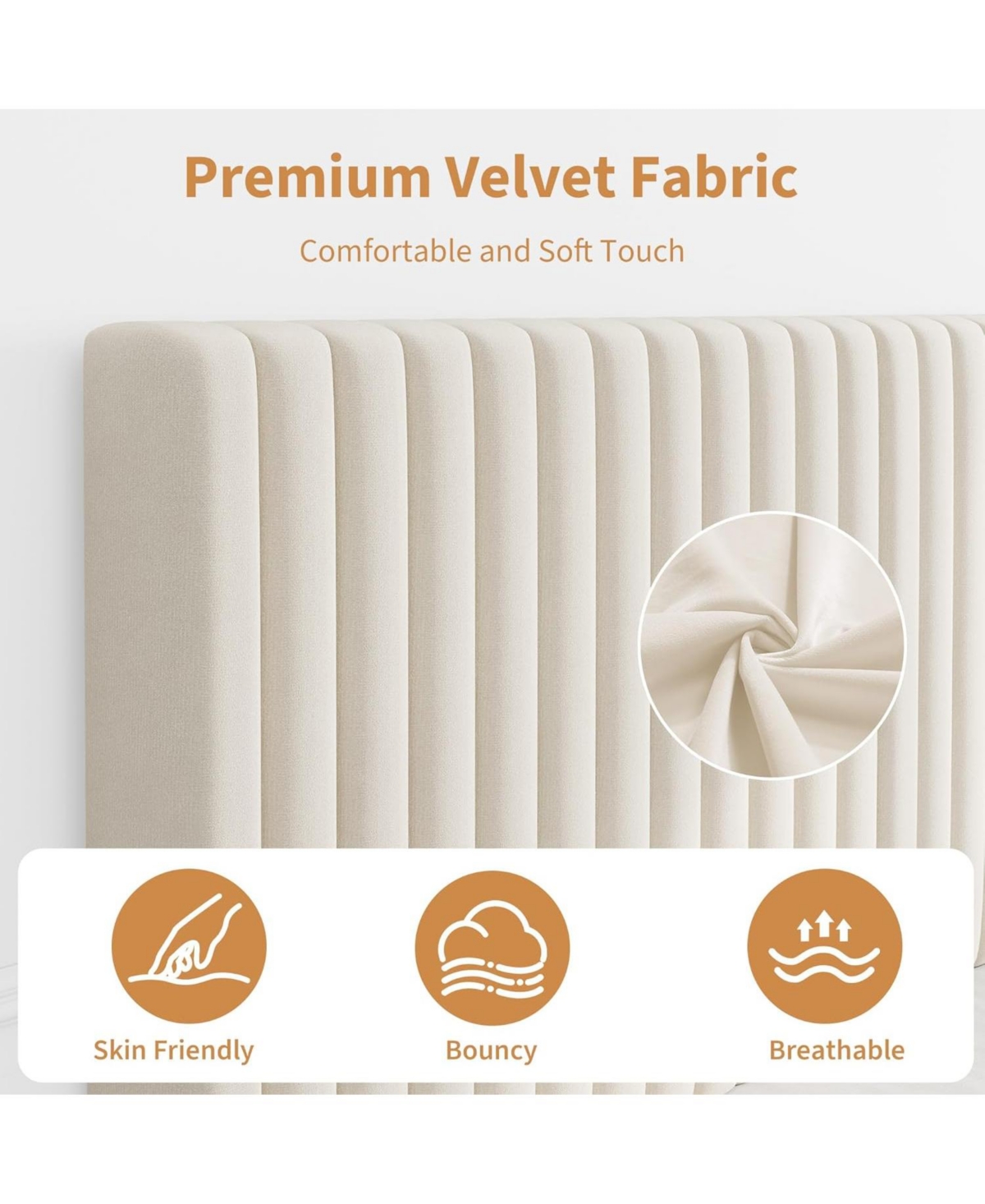 gaomon Full Size Iron + Mdf Tall Vertical Stripe Bed Frame, Beige Upholstered Bed with Modern Design, No Box Spring Needed, Sturdy Construction