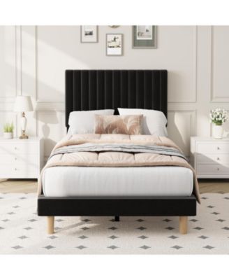 Twin Size Iron + MDF Tall Vertical Stripe Bed Frame, Black Upholstered Bed with Modern Design, No Box Spring Needed