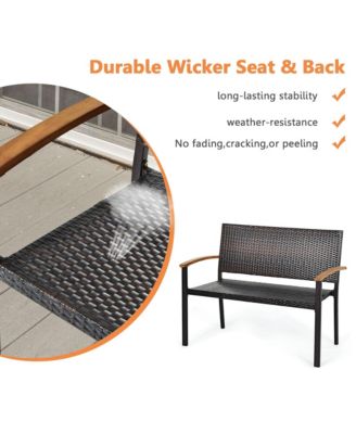 Patio Wicker Bench All Weather Rattan Chair Loveseat w/ Acacia Armrest