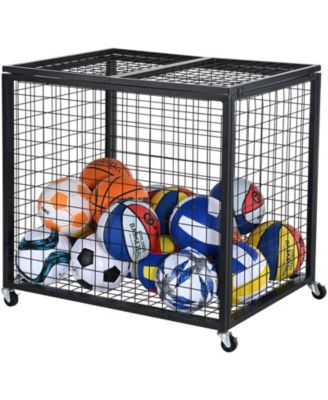 Rolling Sports Ball Storage Cart with Double Lid, Steel Equipment Organizer for Garage and Gym