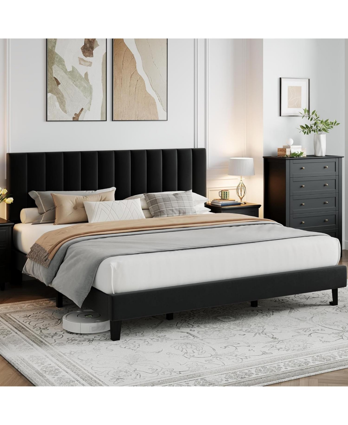 gaomon King Size Velvet Iron Mdf Vertical Pattern Soft Bag Basic Bed, Black Upholstered Bed Frame, Stylish Design, Comfortable Mattress, No Box Spring