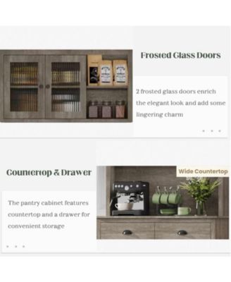 tall freestanding kitchen pantry cabinet with drawers, adjustable shelves, and microwave stand for kitchen or dining room