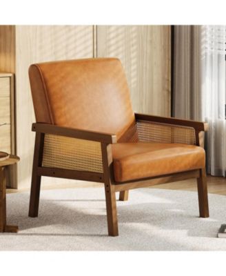 PU Leather Accent Chair,Rattan Armchair with Wooden Frame,High Back,Upholstered Reading Chair Leisure Chairs for Living Room Bedroom