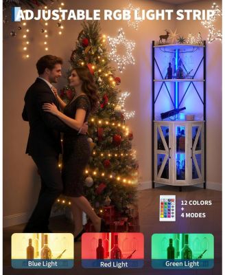 72in Corner Wine Cabinet with Power Outlet, Industrial Wine Cabinet w/LED Strip&Glass Holder, 5 Tiers Liquor Cabinets Bar for Home, Small Space