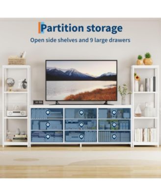 TV Stand Dresser for 75 Inch TV, Large Entertainment Center with Fabric Drawers & 4 Tier Storage Shelves