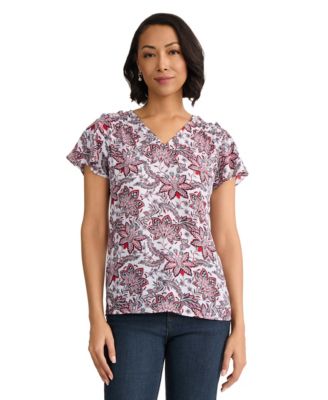 Women's Flutter-Sleeve Printed V-Neck Blouse