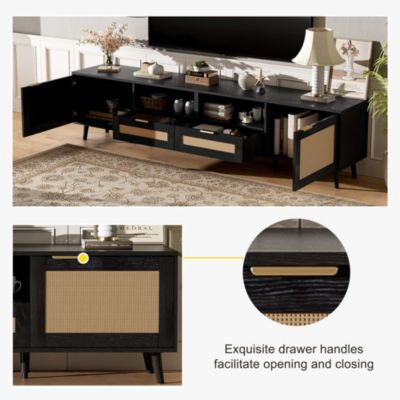 78.8" Cabinet With Storage Rattan TV Stand & Open Shelf