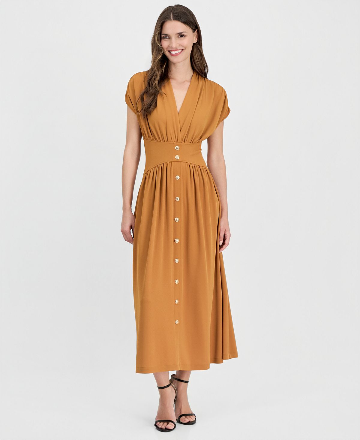 Anne Klein Women's V-Neck Ruched-Shoulder Jersey Dress view 1 — MAYCSS fashion products