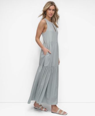 Women's Sleeveless Keyhole Crewneck Tiered Maxi Dress