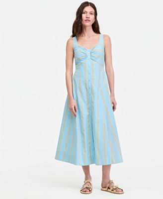 Women's Cotton Sweetheart-Neck Button-Front Midi Dress