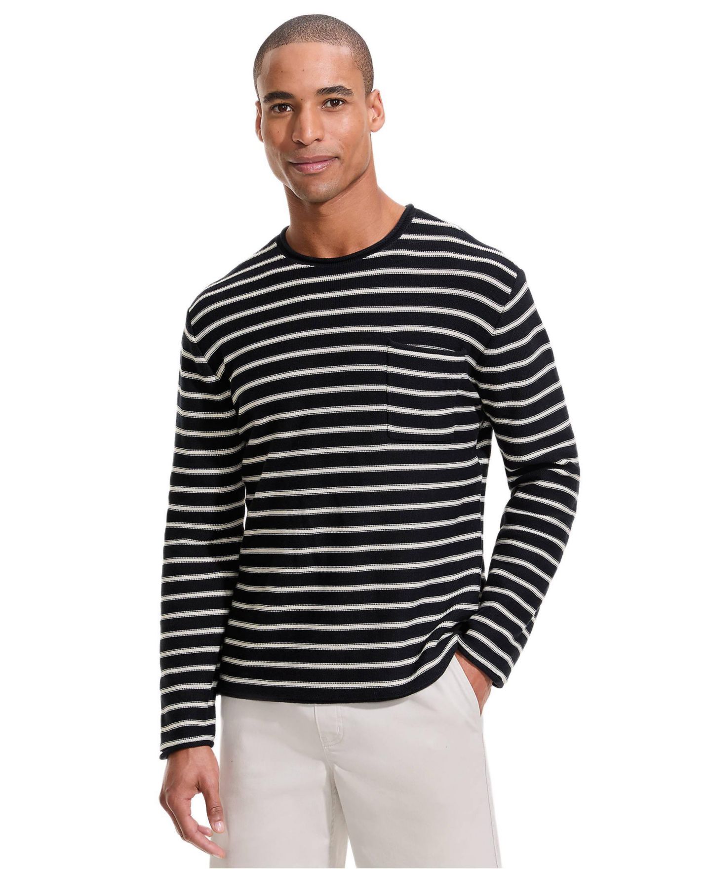 Мужской свитер Lands' End Long Sleeve Cotton Rollneck, цвет: Чёрный / Полосатый — фото 1