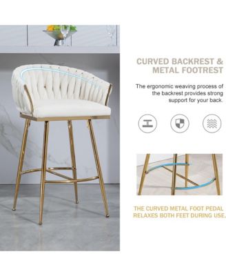Velvet Bar Stools Set of 2 - Hand-Wave Back, Golden Chrome Base and Footrest, Counter Height Chairs for Kitchen Island, Home Pub