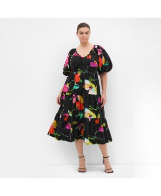 Women's Plus Size Fantasy Print Puff Sleeve Midi Dress