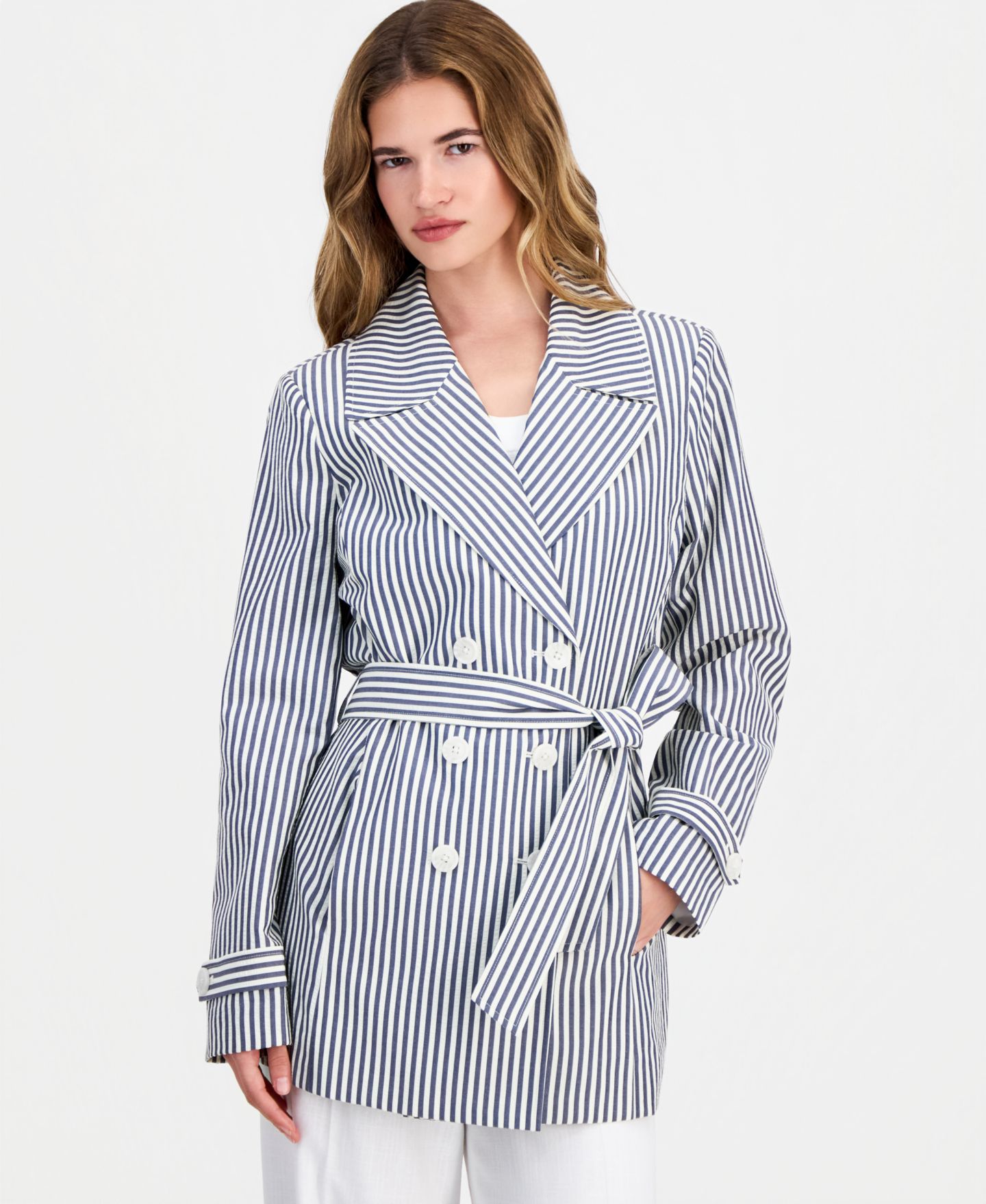 Женский пиджак Tahari ASL Petite Seersucker Wrap Blazer, цвет: Тёмно-синий / Слоновая кость — фото 1