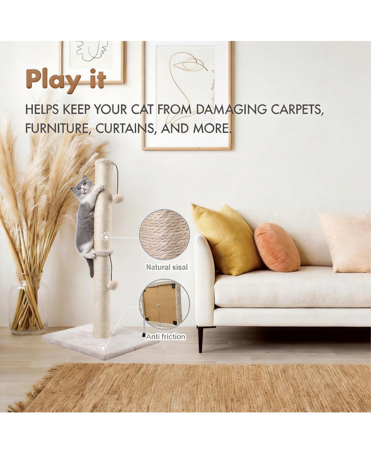 Aronkl 34" Tall Cat Scratcher Sisal Post Tree with Hanging Ball for Indoor Cats