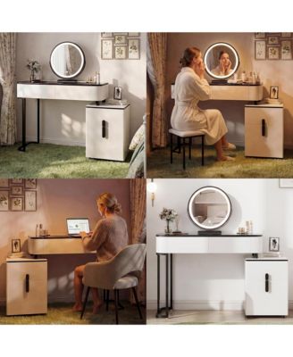 Modern Vanity Table with Mirror and Lights - Makeup Vanity with Glass Top, 4 Drawers and Reversible Adjustable Side Cabinet for Bedroom