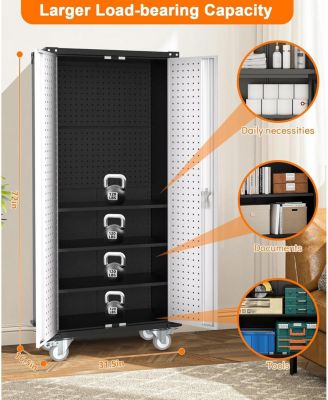 72-Inch Steel Metal Storage Cabinet with Wheels, Lockable Rolling Garage Organizer with Pegboard and 4 Adjustable Shelves