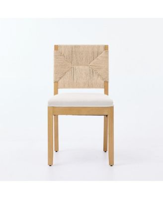 Set of 2 Rope Rattan Dining Chairs with Wood Frame and Linen Seat