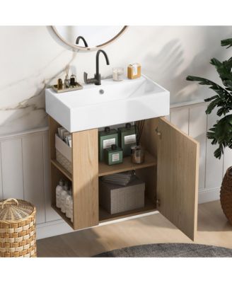 Modern 21.6 inch Floating Bathroom Vanity with Ceramic Basin and Left Side Storage in Wood Finish