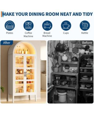 Tall Arched Kitchen Pantry Cabinet with LED Lights, Modern Wood Arched Bookshelf with Glass Doors & Adjustable Shelves, Elegant Display Cabinet