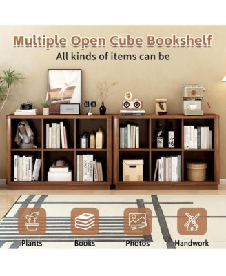6 Cube Storage Bookcase - Floor Standing 2-Tier Bookshelf, Low Horizontal Wood Book Shelf with Curved Edge for Living Room, Bedroom