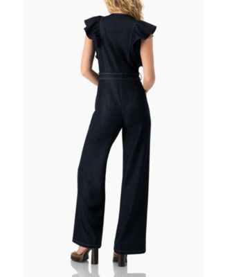 Women's V-Neck Denim Like Wide-Leg Jumpsuit