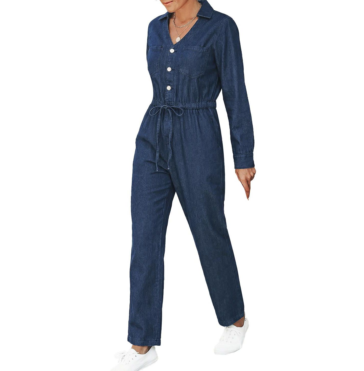 Женский комбинезон Cupshe Casual Denim Jumpsuit with Drawstring Waist, цвет: Тёмный синий — фото 1