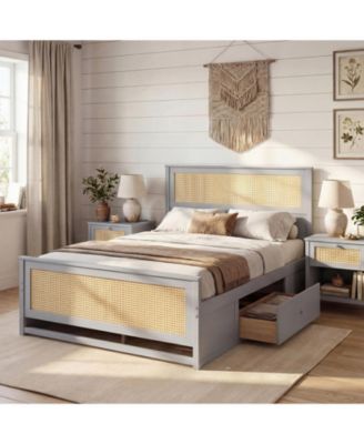 Full Size Rattan Bed Frame with Storage Drawers
