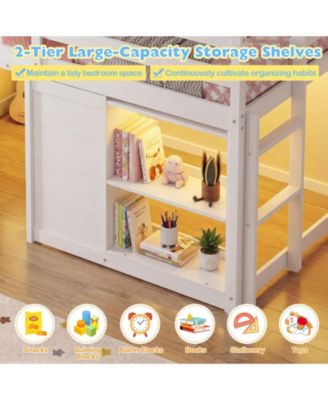 Wooden Low Kids Loft Bed with  LED Lights and 2 Doors