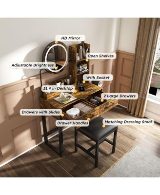 Makeup Vanity Desk with Mirror and LED Lights, Dressing Table Set with Chair, Open Shelves, 2 Storage Drawer and Power Outlet for Bedroom