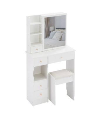 Makeup Vanity Desk Set - Left Drawer Desktop Dressing Table  Cushioned Stool with Sliding Mirror for Compact Bedrooms